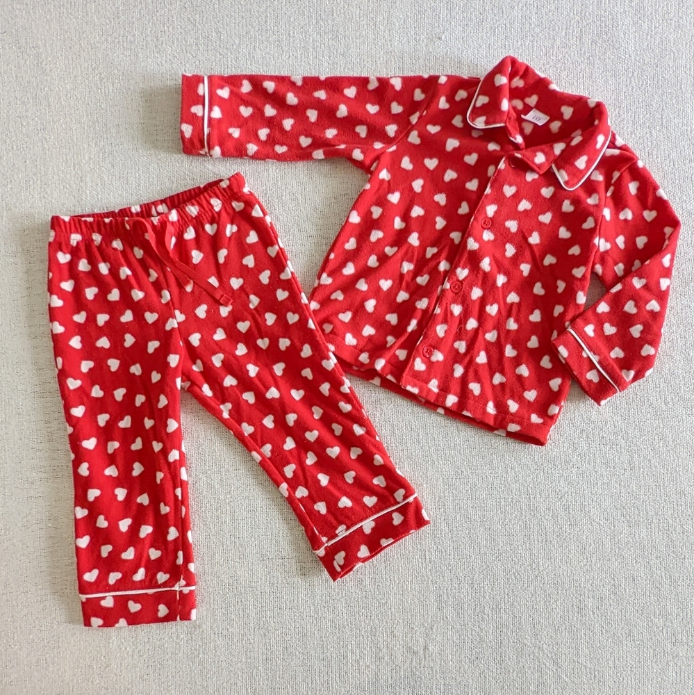 Baby Gap Fleece 2-Piece Button Down Pajama Set - Red Hearts, 2 Years